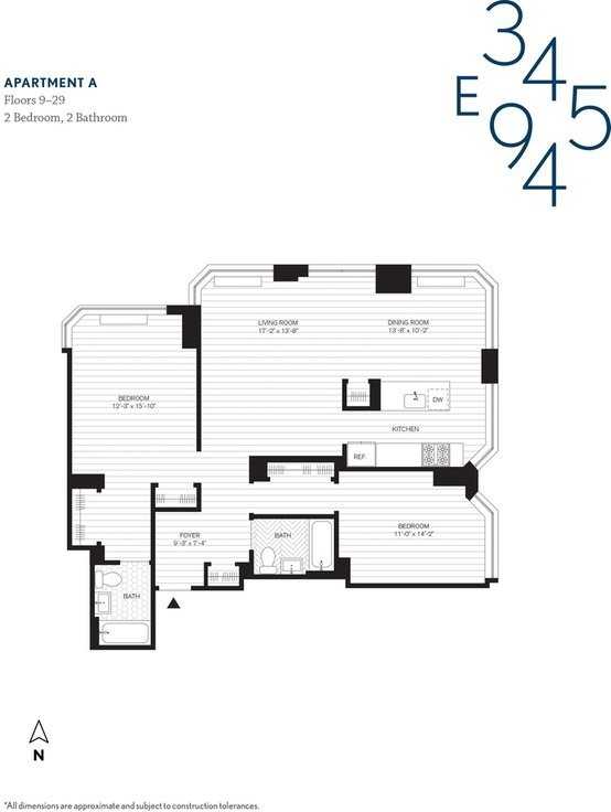 E 94th St 26C, New York, NY 10128 2 Bedroom Apartment for 6,290/month